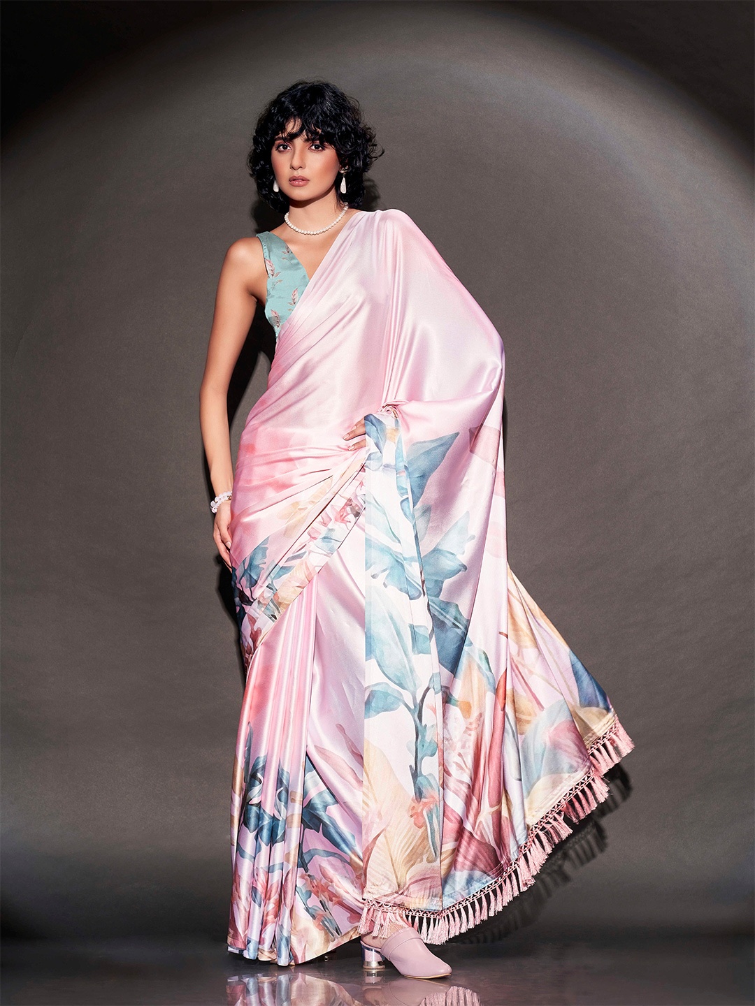 

Tikhi Imli Floral Printed Satin Saree, Pink