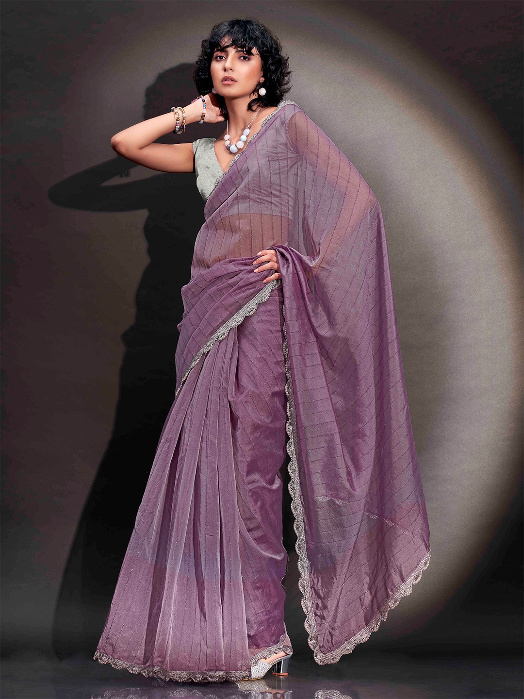 

Tikhi Imli Striped Embellished Beads and Stones Organza Saree, Mauve