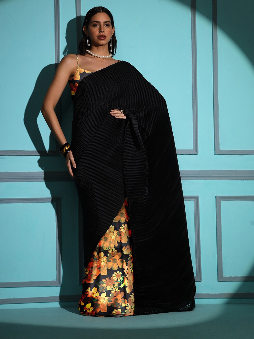 

Tikhi Imli Satin Half and Half Saree, Black
