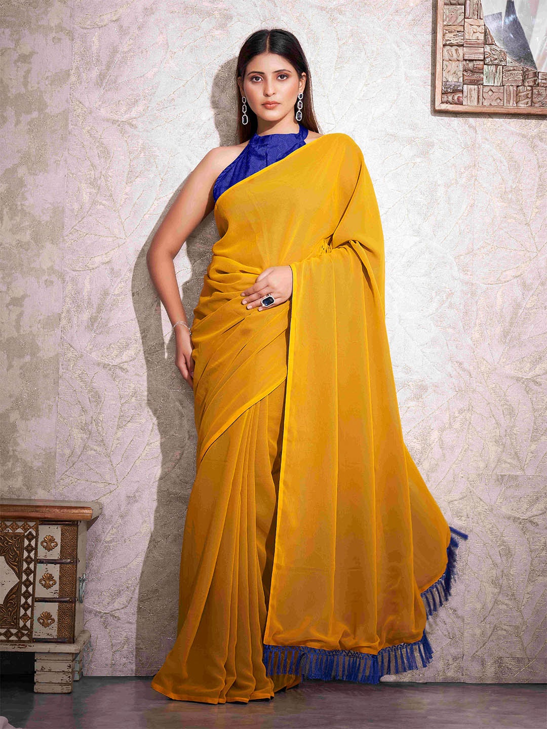 

Tikhi Imli Two Tone Double Layered Georgette Tassels Ready To Wear Saree, Yellow