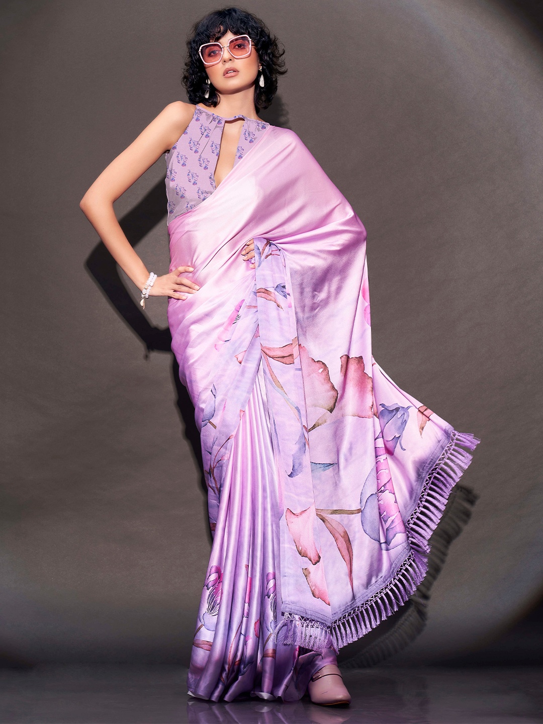 

Tikhi Imli Floral Satin Saree, Violet