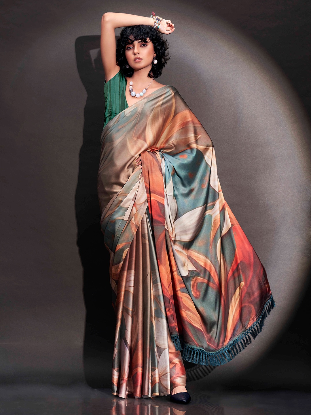 

Tikhi Imli Floral Printed Satin Saree, Teal