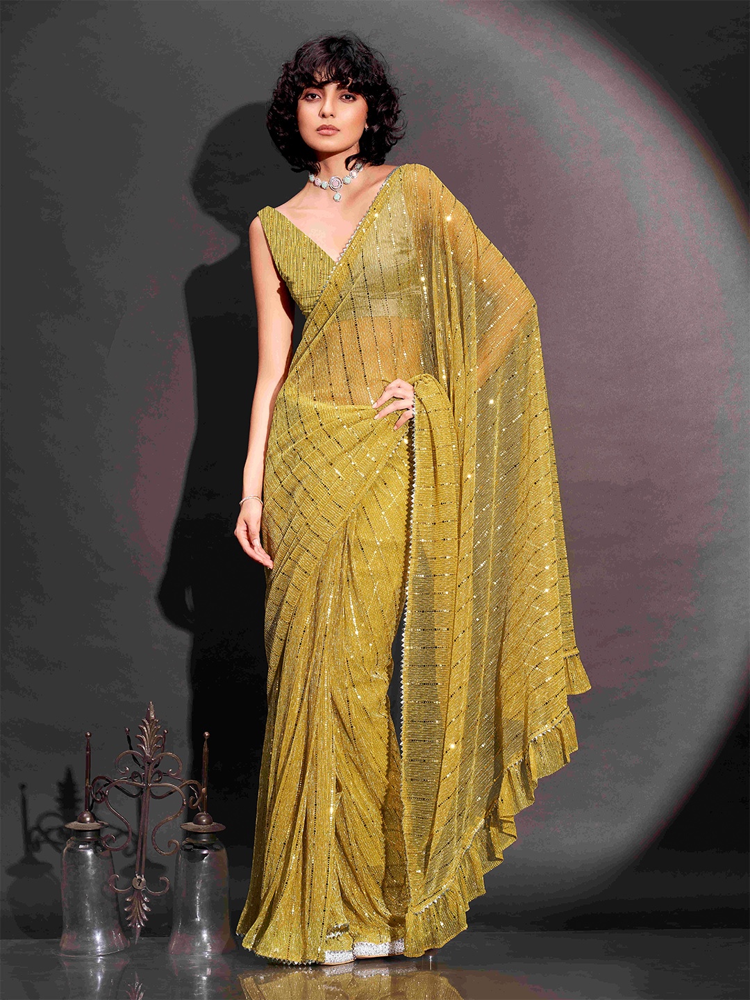

Tikhi Imli Embellished Ready to Wear Saree, Yellow
