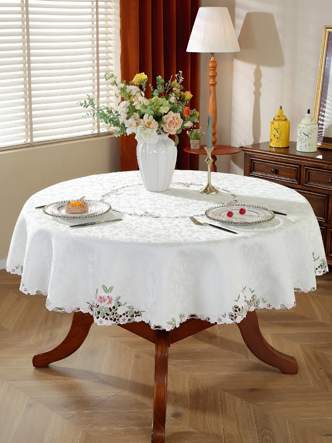 

MONKDECOR White Floral Round 6-Seater Table Cover with Embroidered details