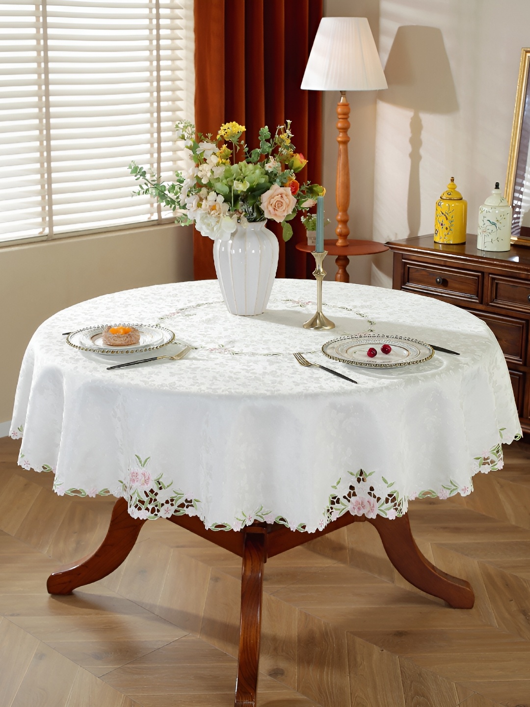 

MONKDECOR White Floral Round 6-Seater Table Cover with Embroidered details