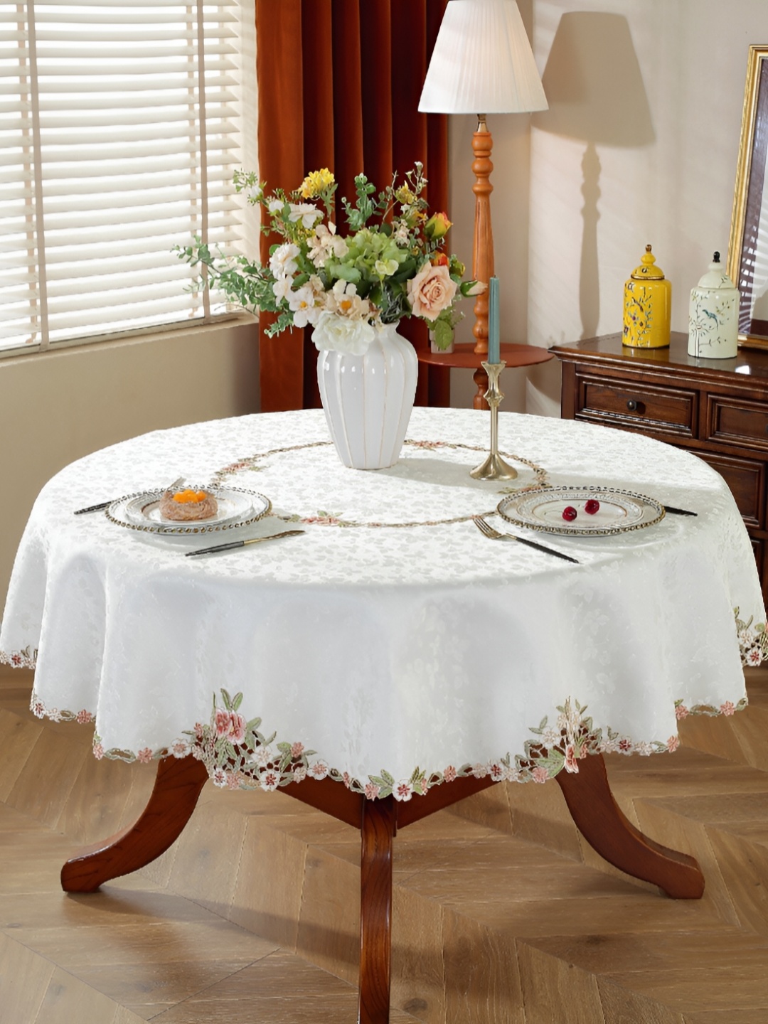 

MONKDECOR White Floral Round 4-Seater Table Cover with Embroidered details