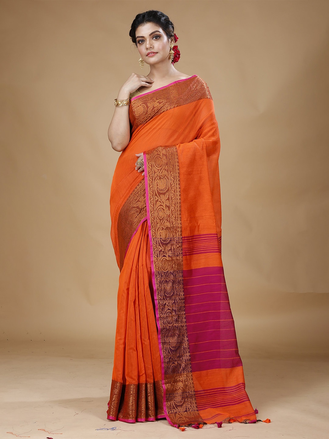 

SLAGHA Zari Silk Cotton Saree, Orange