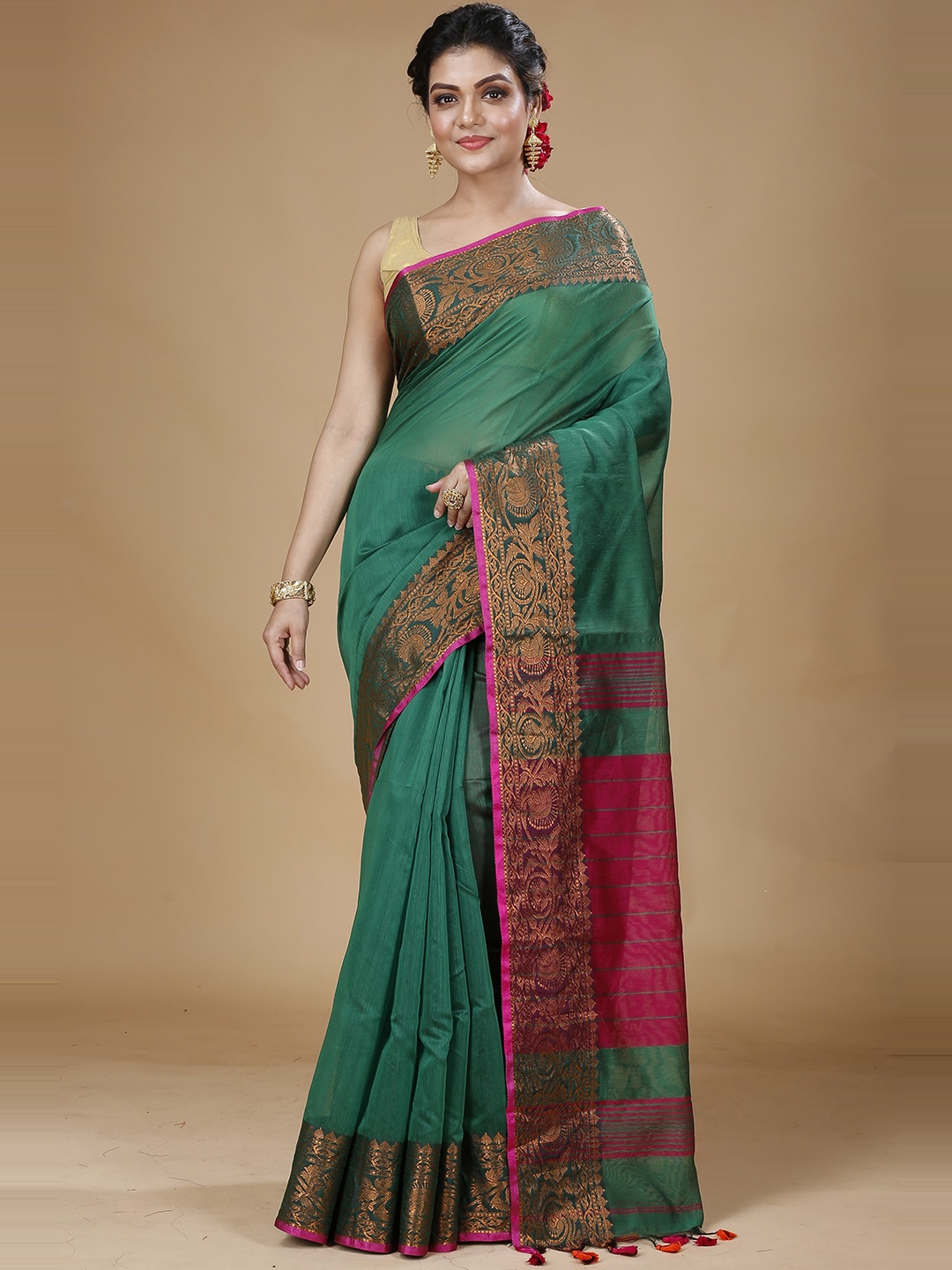 

SLAGHA Zari Silk Cotton Saree, Sea green