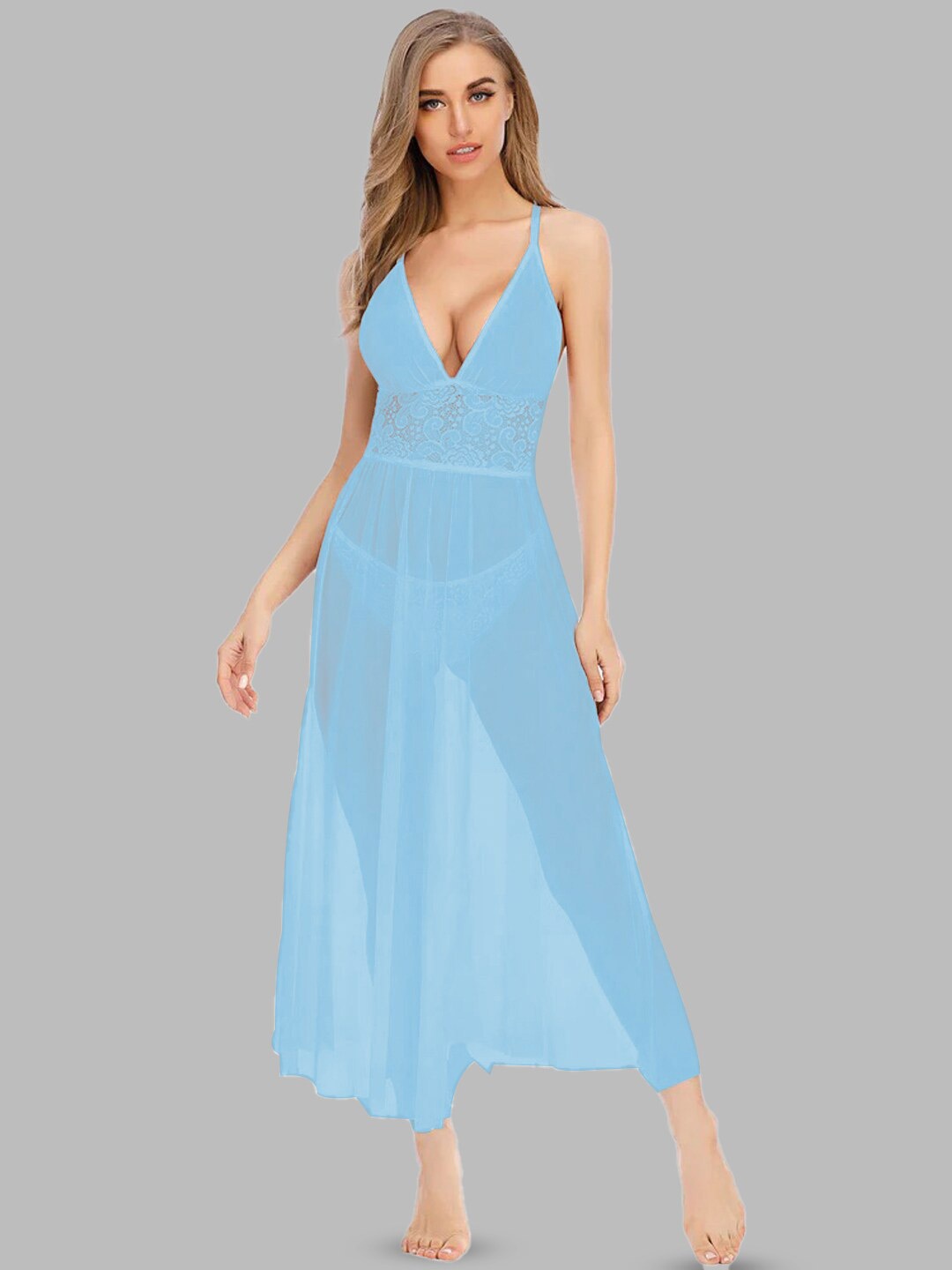 

KRENOZ Shoulder Straps Net Baby Doll, Blue