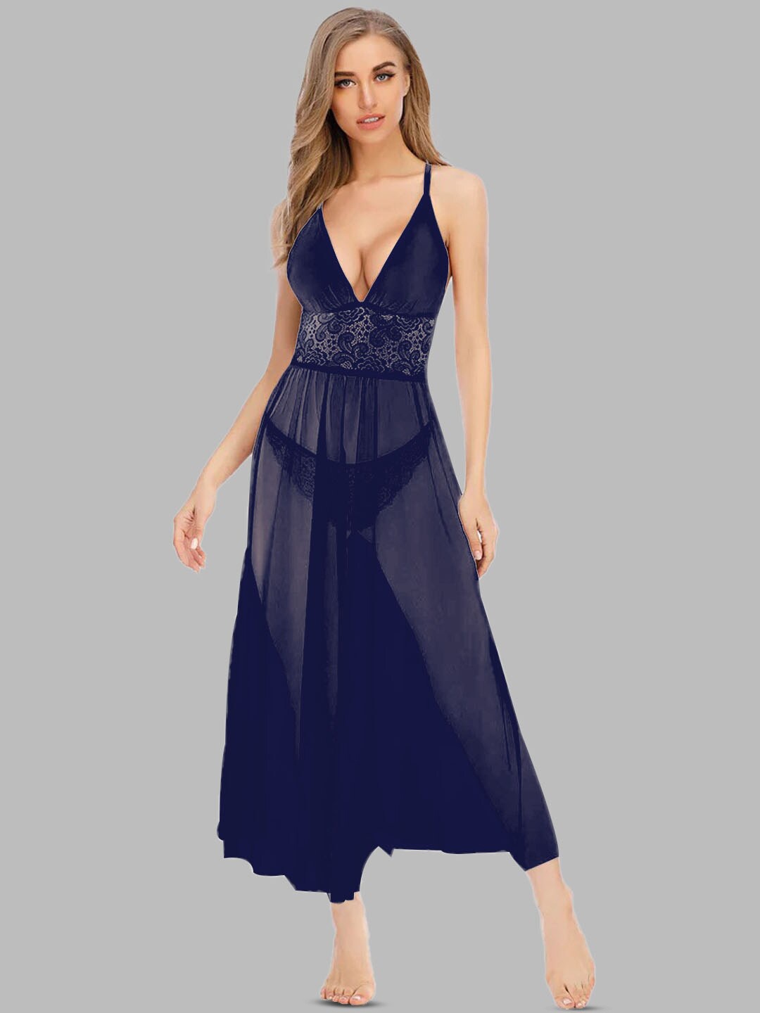

KRENOZ Shoulder Straps Net Baby Doll, Navy blue