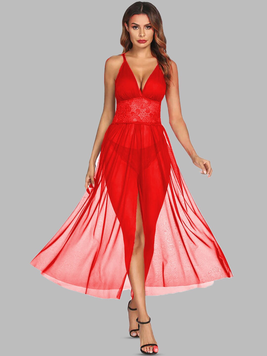 

KRENOZ Shoulder Straps Net Baby Doll, Red