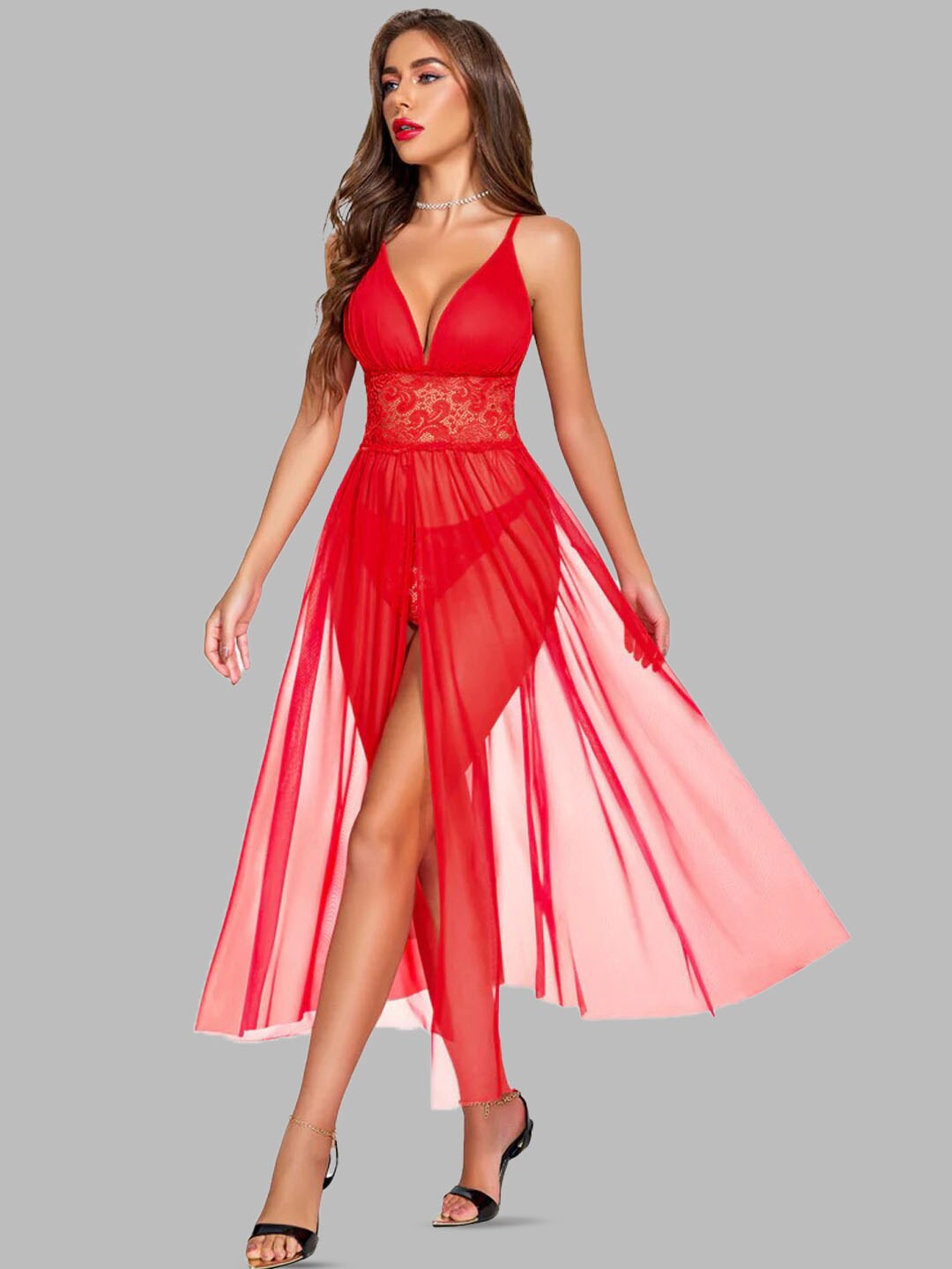 

KRENOZ Shoulder Straps Net Baby Doll, Red