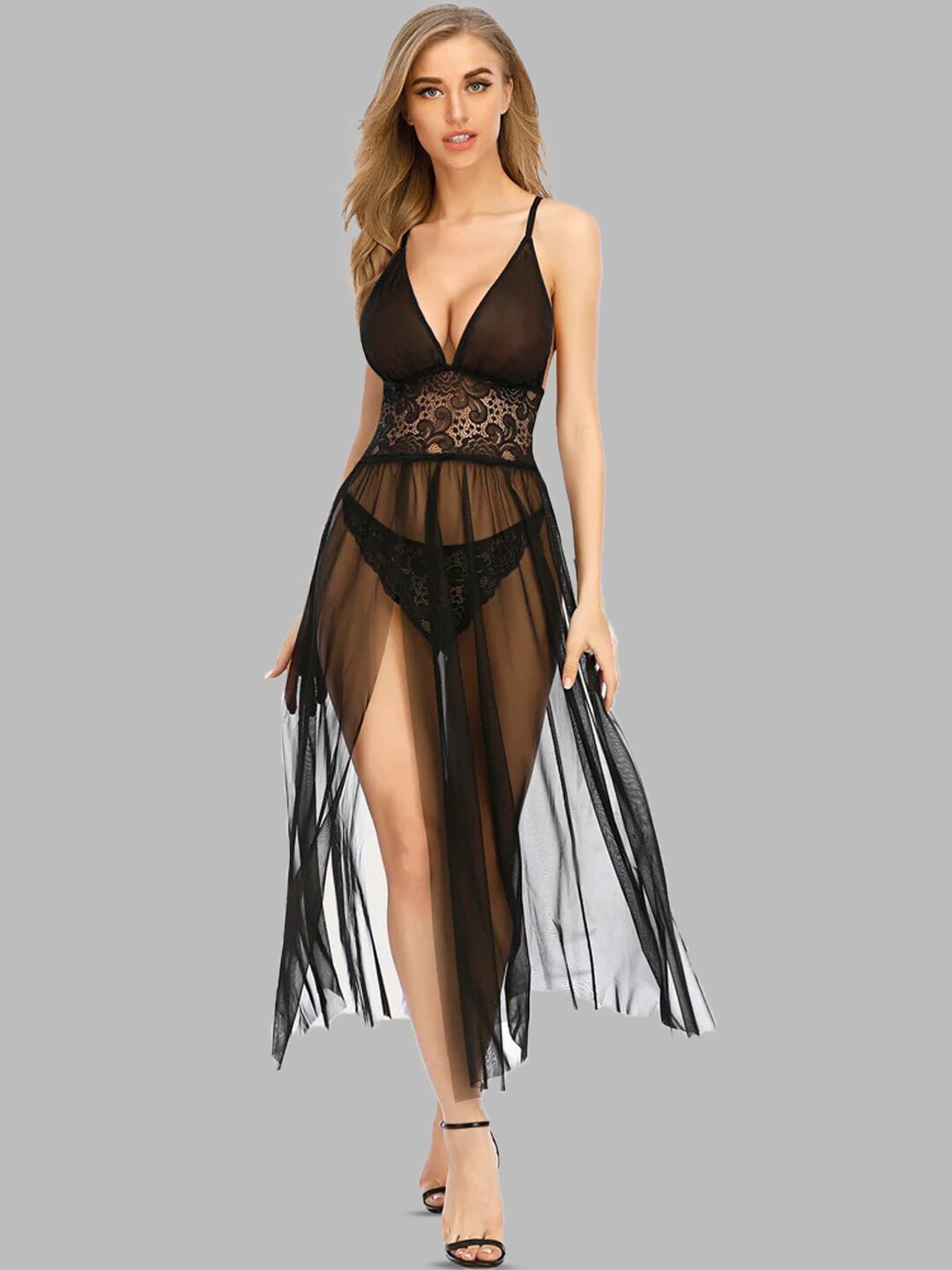 

KRENOZ Shoulder Straps Net Baby Doll, Black