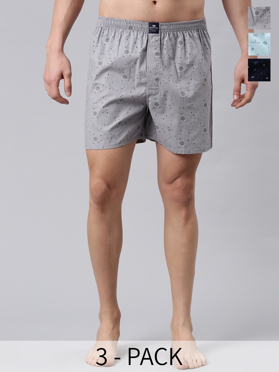 Metronaut Pack Of 3 Printed Cotton Boxers MB3P0054, Grey