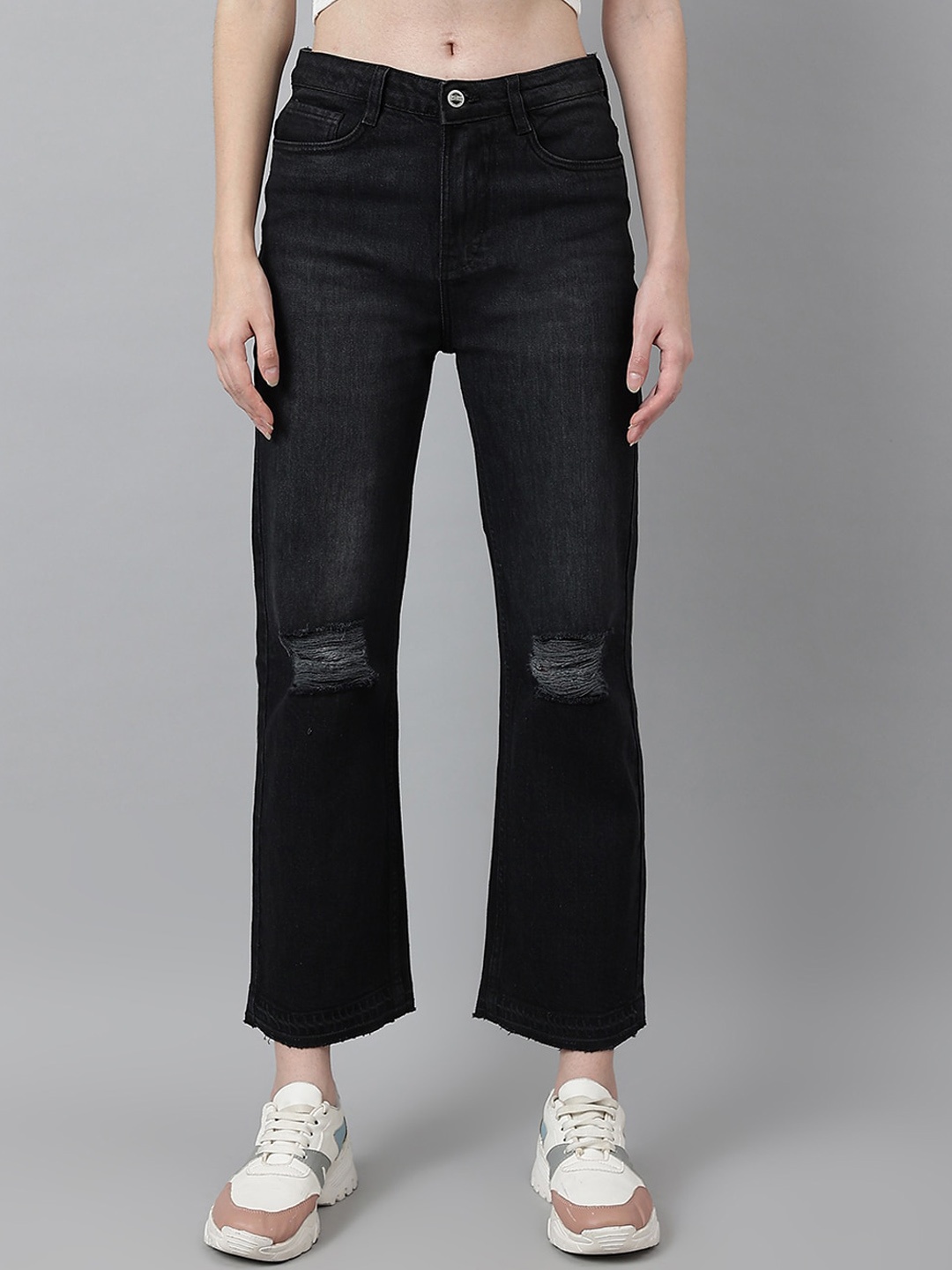 

Code 61 Women Relaxed Fit High Rise Low Distress Light Fade Pure Cotton Jeans, Grey