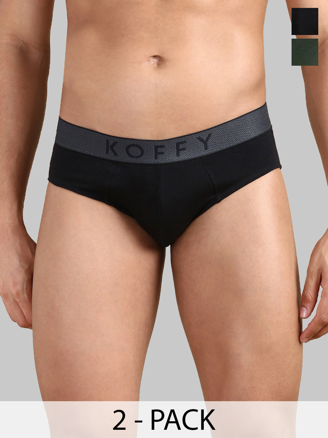 

KOFFY Pack Of 2 Moisture-Wicking Mid-Rise Basic Briefs KOFFY_KI43_BRF_BLK_DGRN_2PC, Black