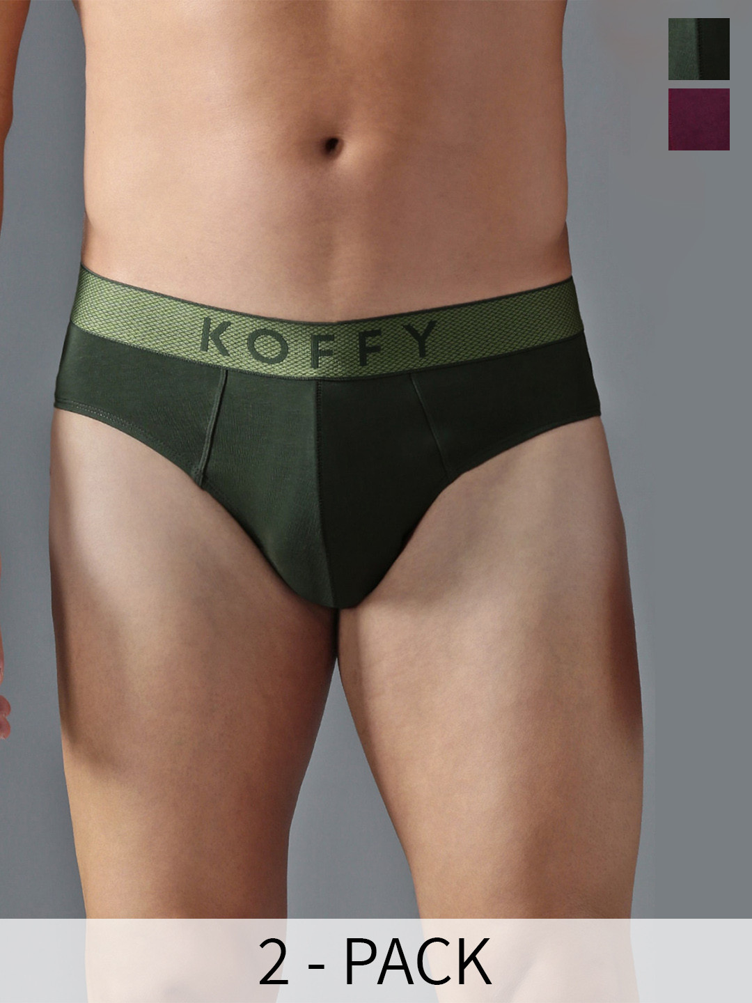 

KOFFY Pack Of 2 Moisture-Wicking Mid-Rise Basic Briefs KOFFY_KI43_BRF_DGRN_PRPL_2PC, Green