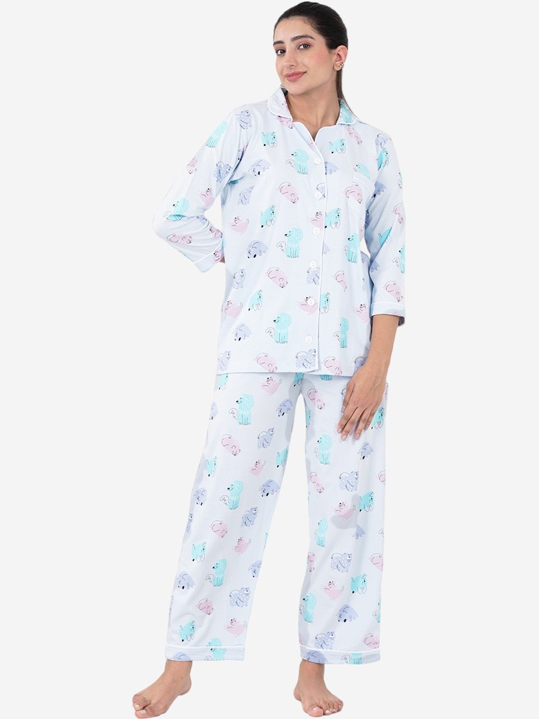 

indian flower Printed Pure Cotton Night Suit, Blue