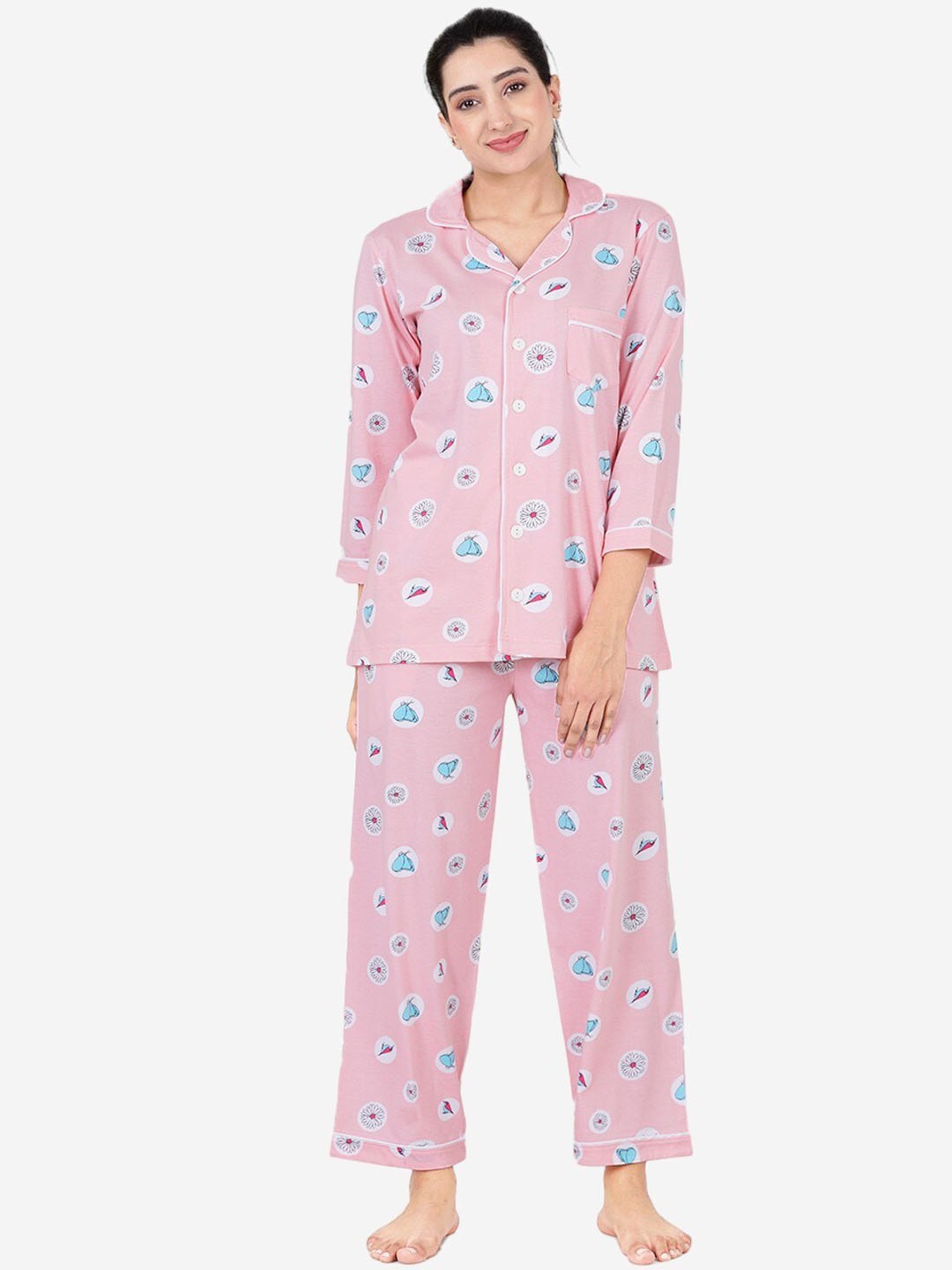 

indian flower Printed Pure Cotton Night Suit, Pink