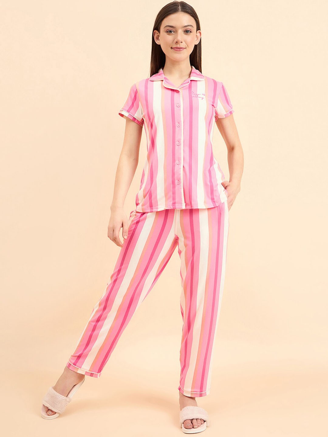 

Sweet Dreams Striped Lapel Collar Night Suit, Pink