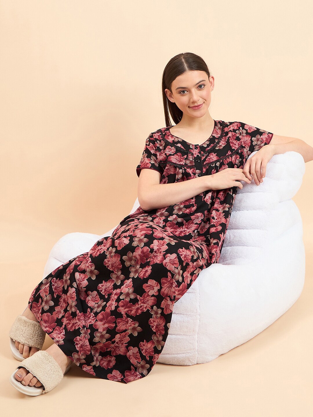 

Sweet Dreams Printed Pure Cotton Maxi Nightdress, Black