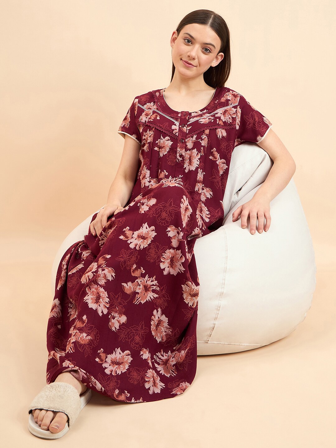 

Sweet Dreams Floral Printed Pure Cotton Maxi Nightdress, Maroon