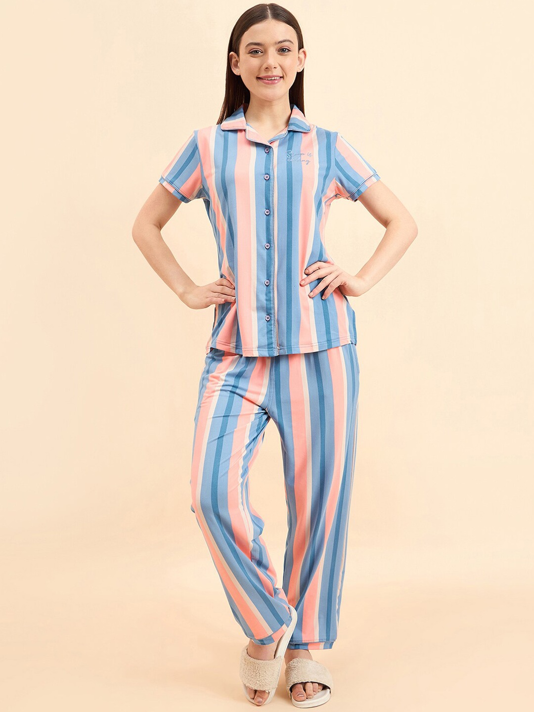 

Sweet Dreams Striped Shirt Collar Night suit, Blue