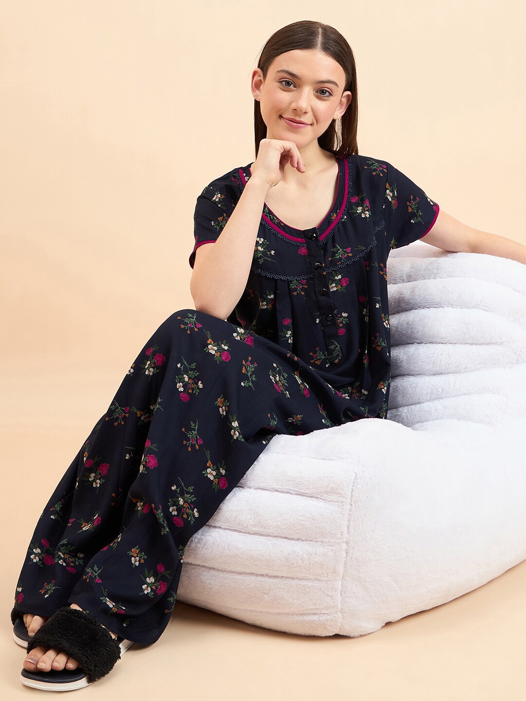 

Sweet Dreams Floral Printed Pure Cotton Maxi Nightdress, Navy blue