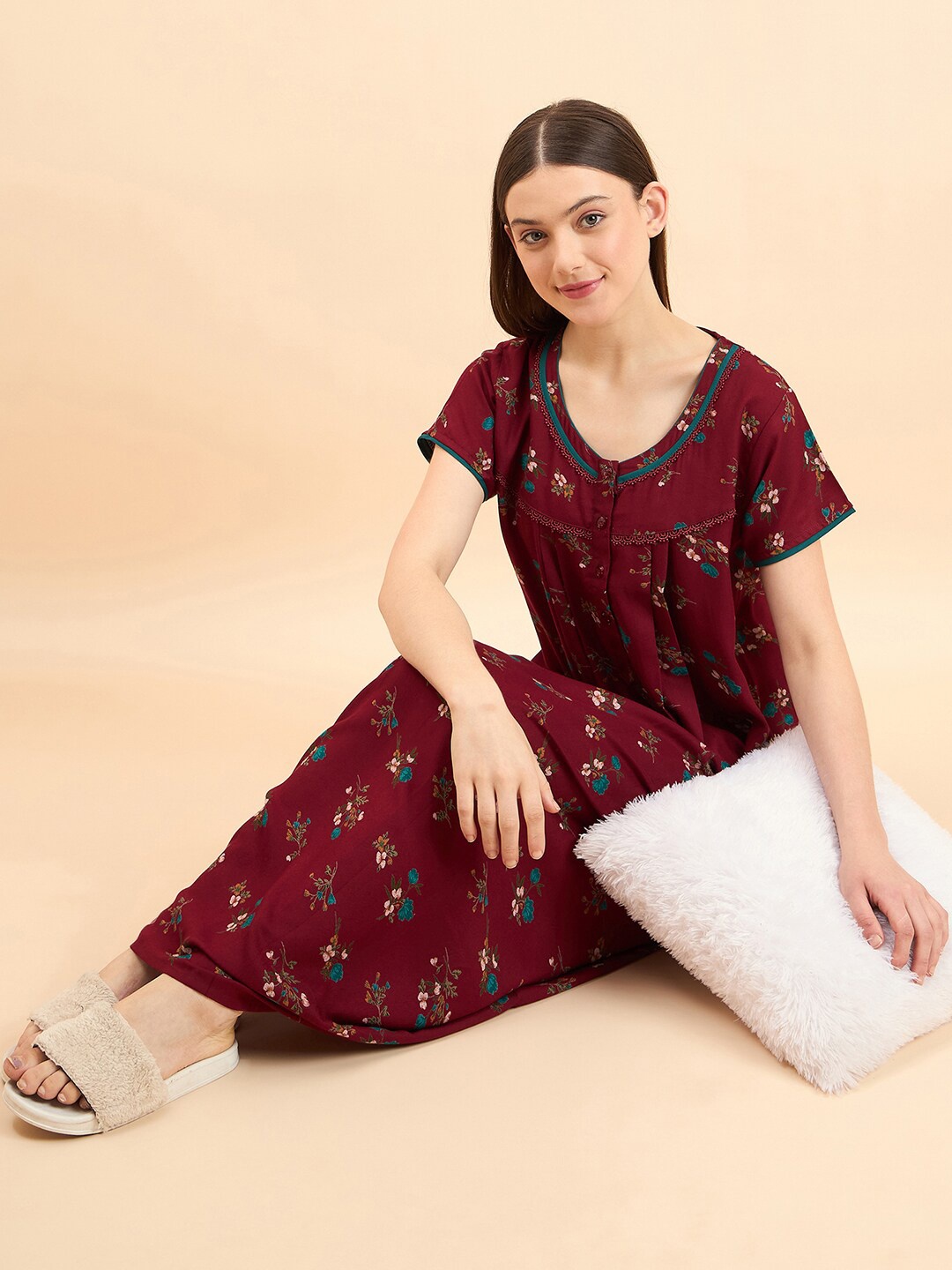 

Sweet Dreams Printed Pure Cotton Maxi Nightdress, Maroon