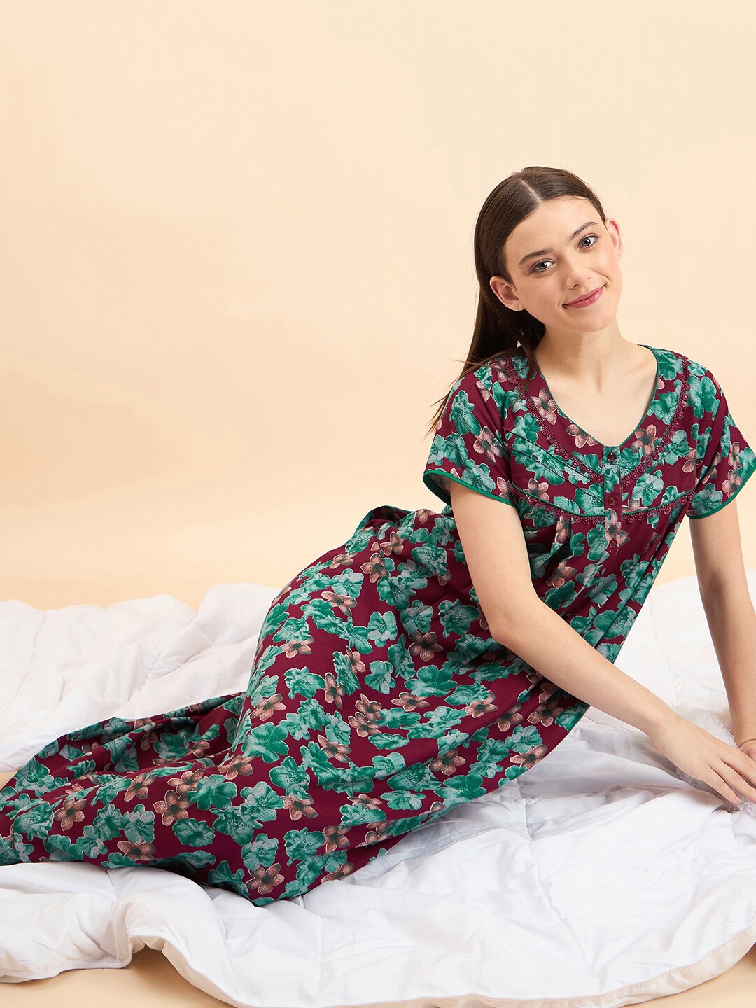 

Sweet Dreams Printed Pure Cotton Maxi Nightdress, Maroon