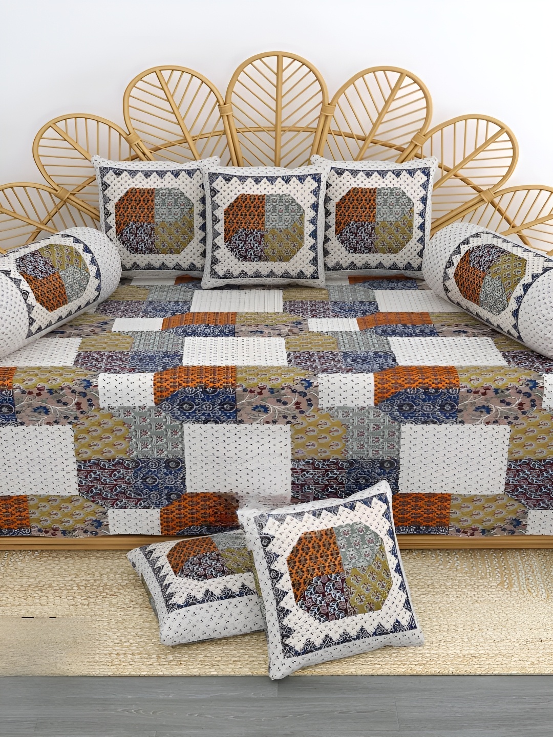 

LIVING ROOTS Blue & White 8 Pieces Printed Pure Cotton Diwan Set