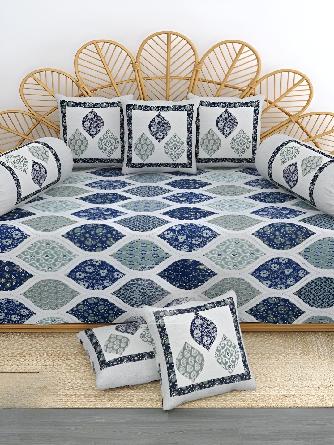 

LIVING ROOTS Blue & White 8 Pieces Printed Pure Cotton Diwan Set