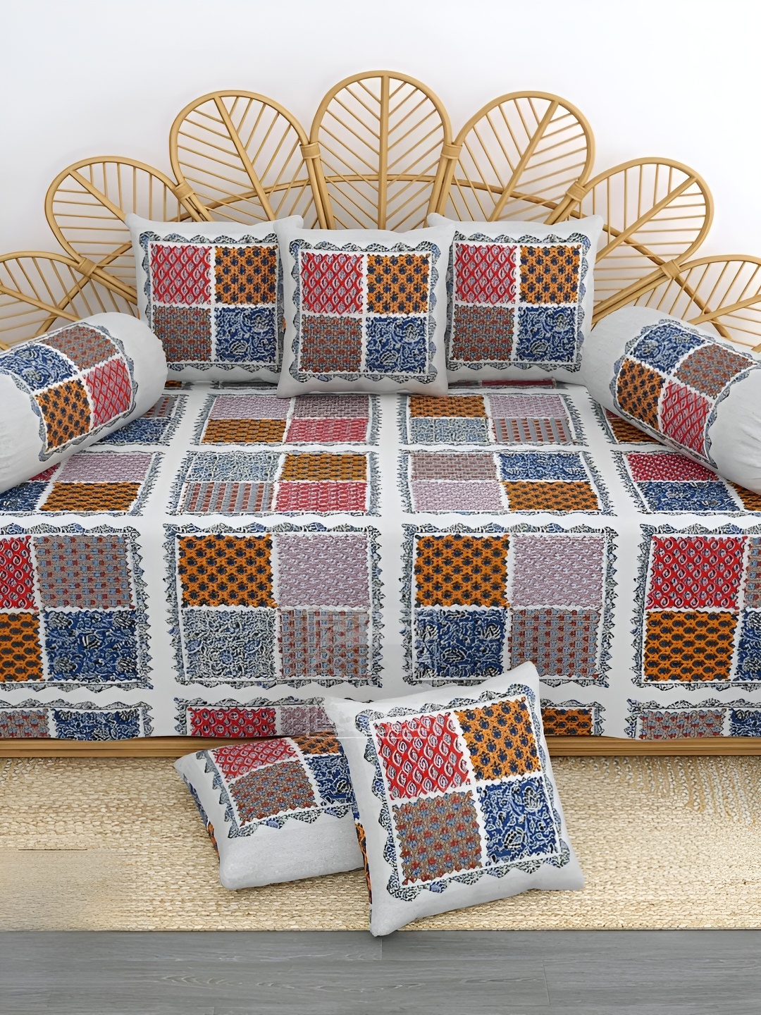 

LIVING ROOTS 8 Pieces Blue & White Printed Pure Cotton Diwan Set