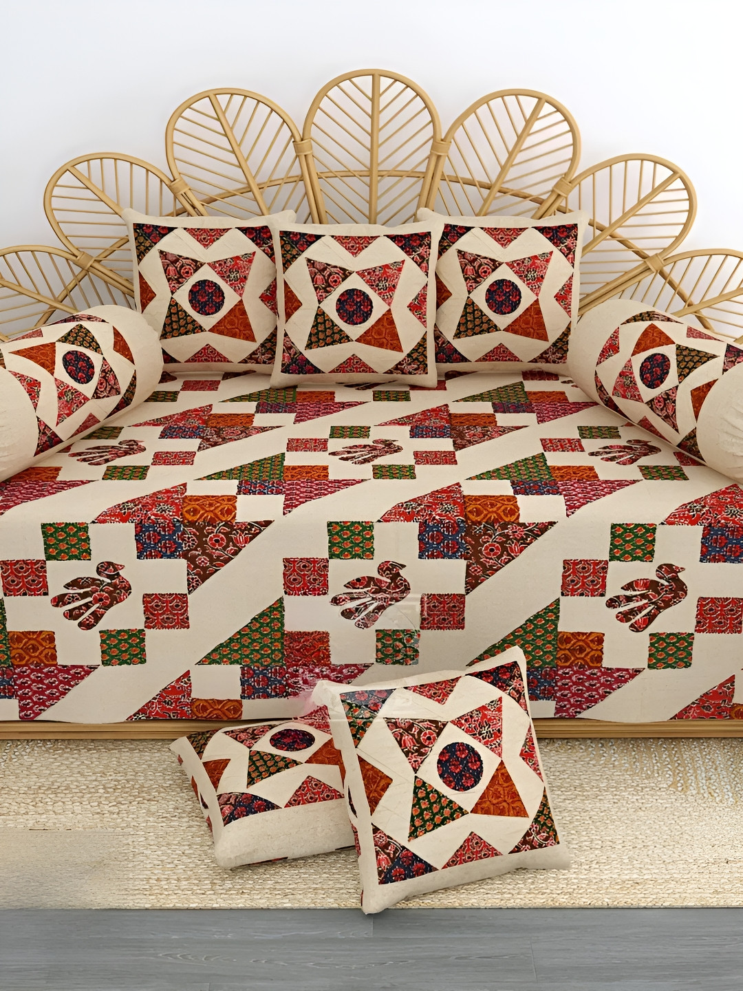 

LIVING ROOTS Beige & Red 8 Pieces Printed Pure Cotton Diwan Set