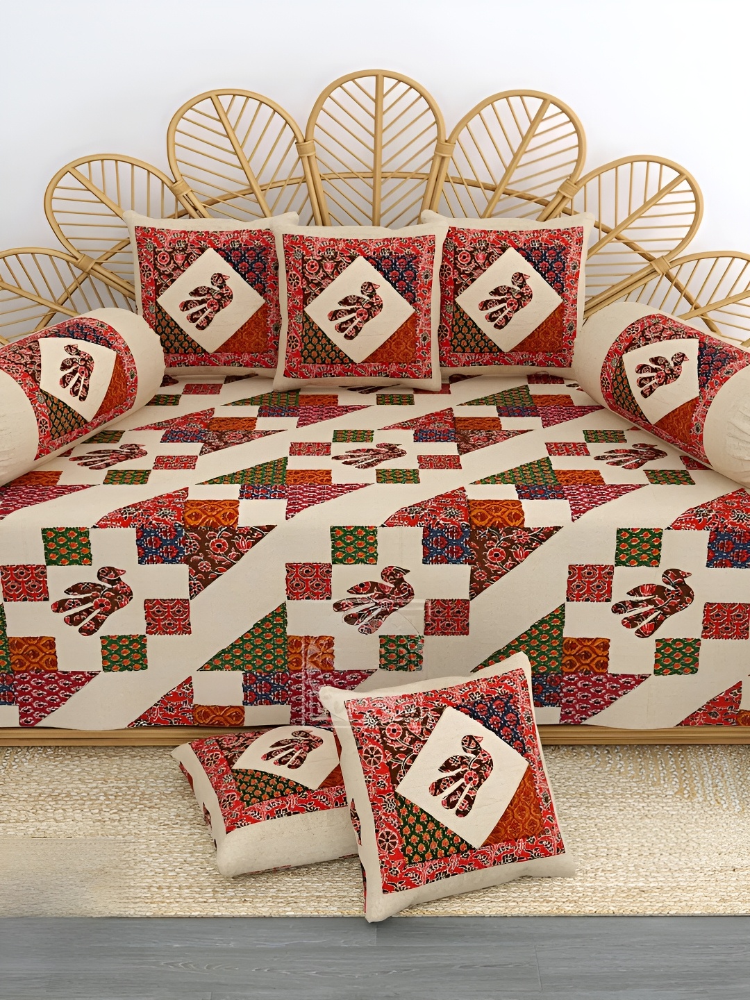 

LIVING ROOTS Beige & Red 8 Pieces Printed Pure Cotton Diwan Set