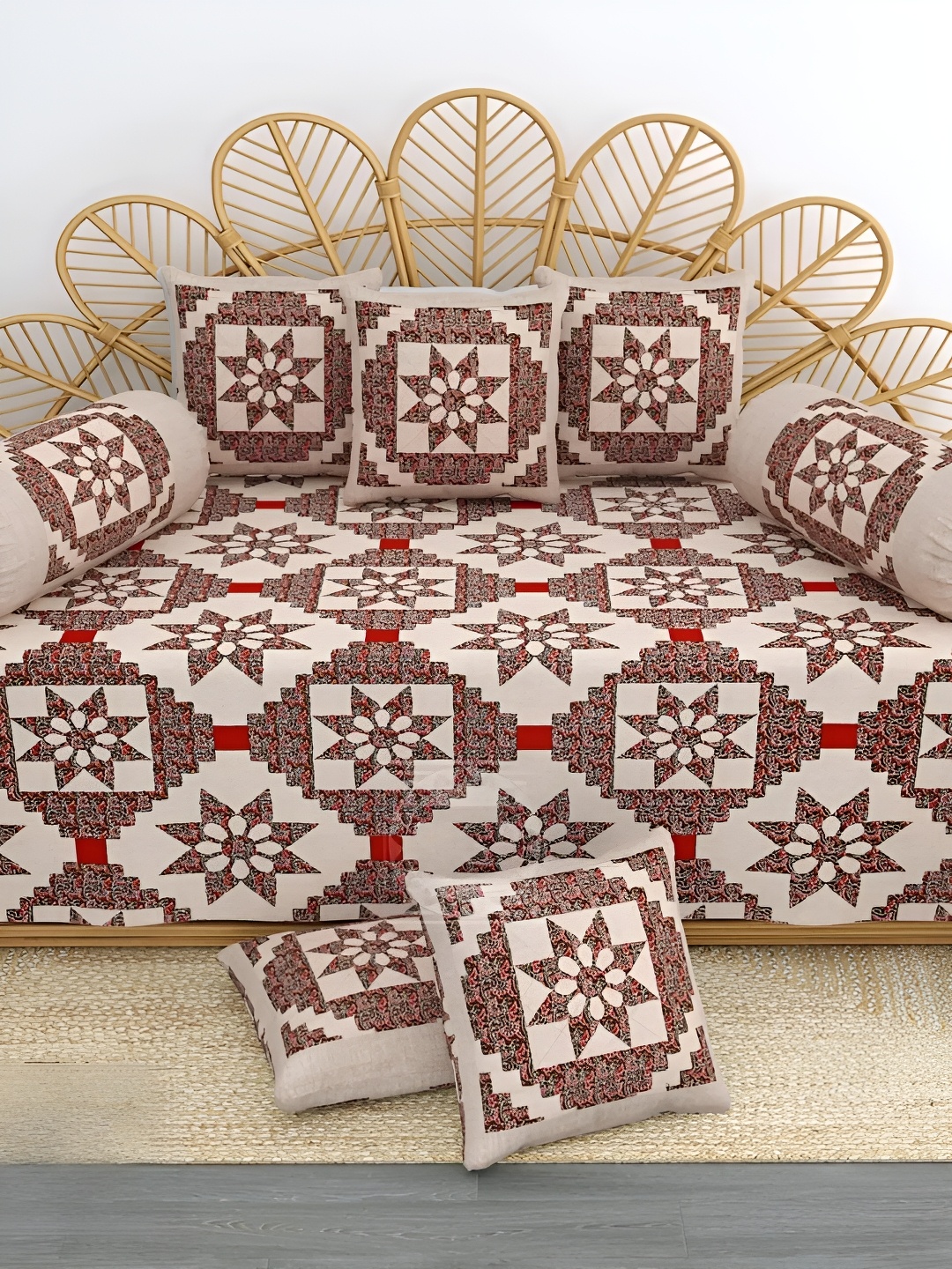 

LIVING ROOTS Brown & Beige 8 Pieces Printed Pure Cotton Diwan Set