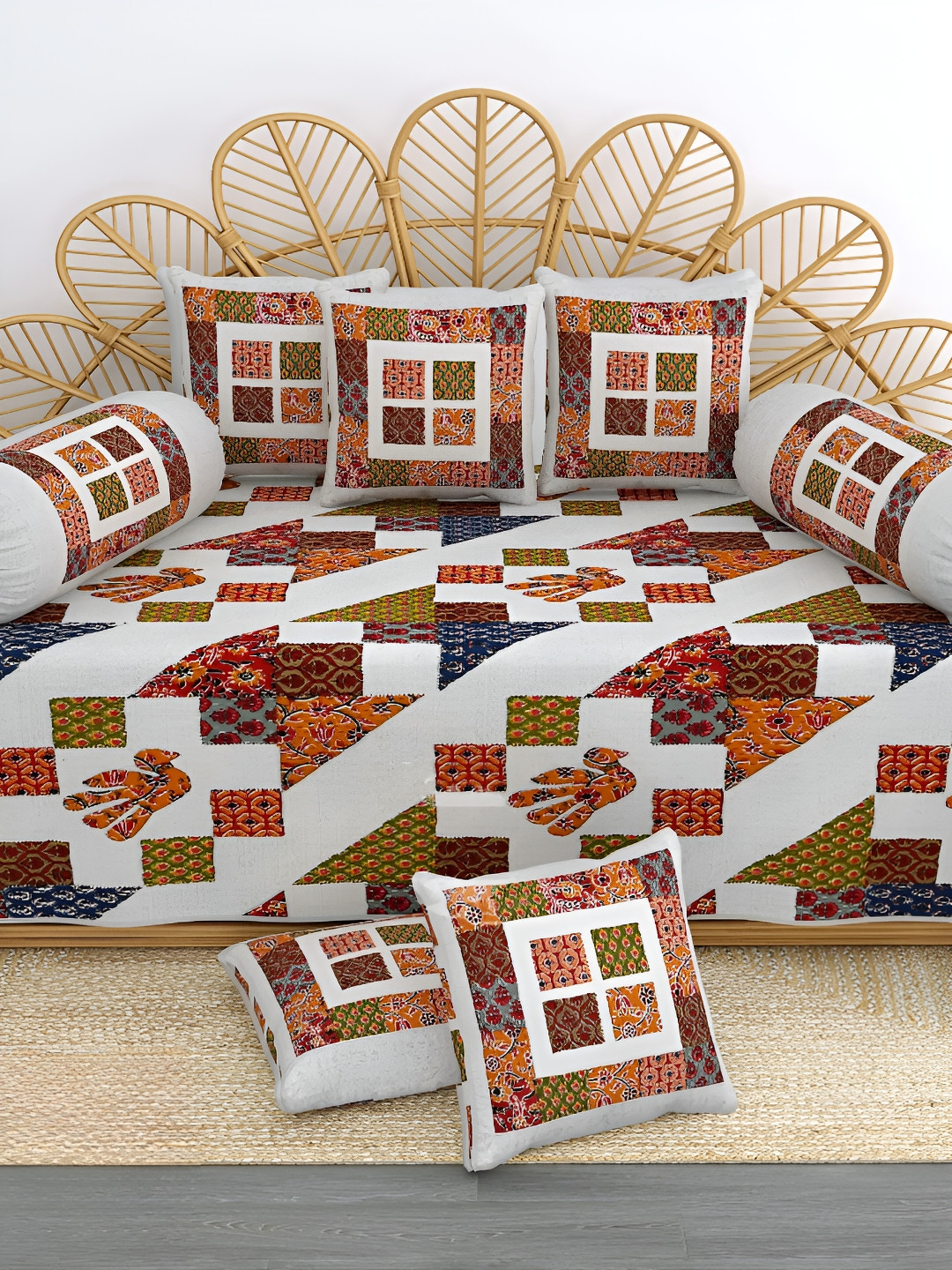 

LIVING ROOTS 8 Pieces White & Red Printed Pure Cotton Diwan Set