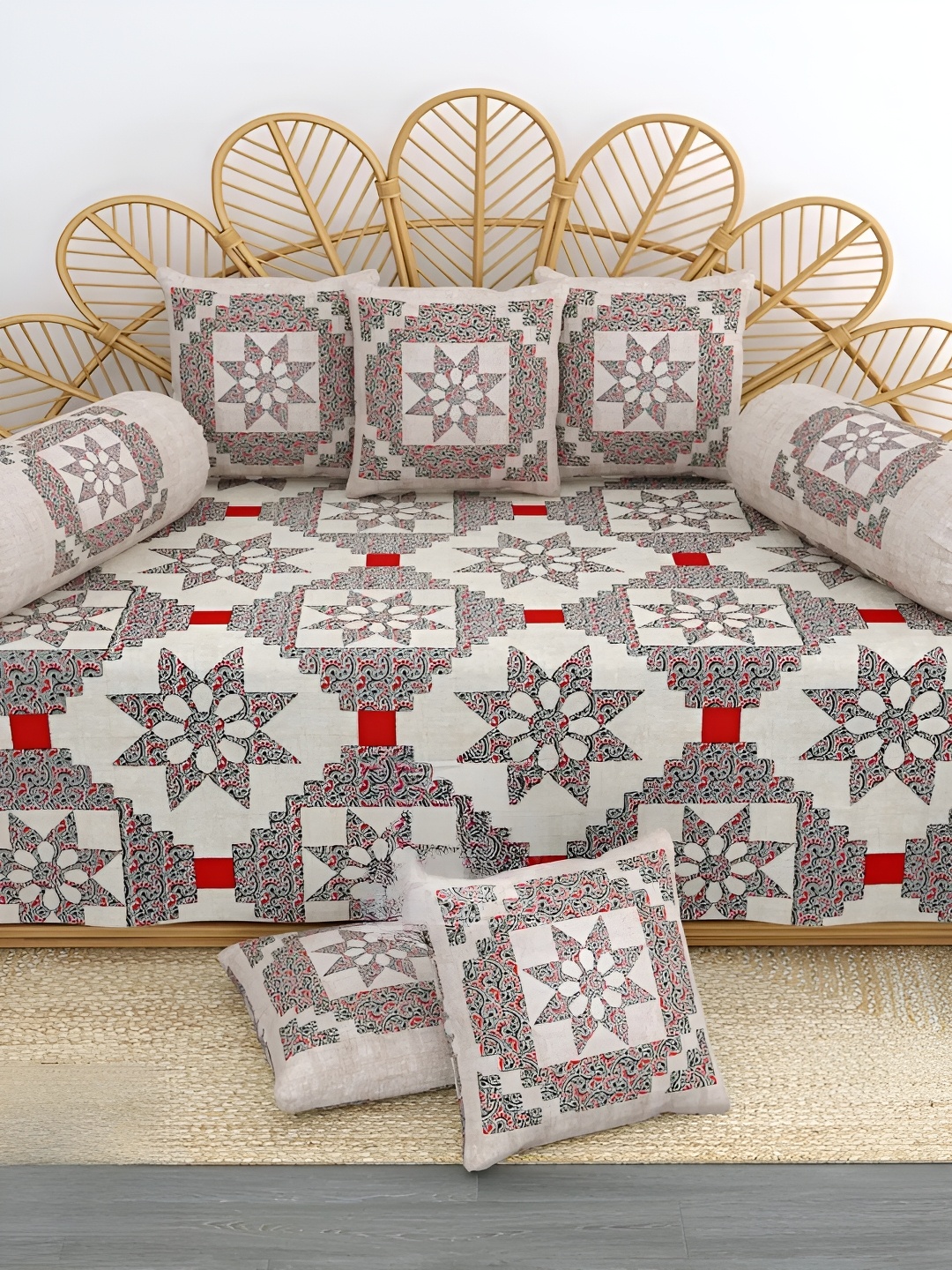 

LIVING ROOTS White & Grey 8 Pieces Printed Pure Cotton Diwan Set