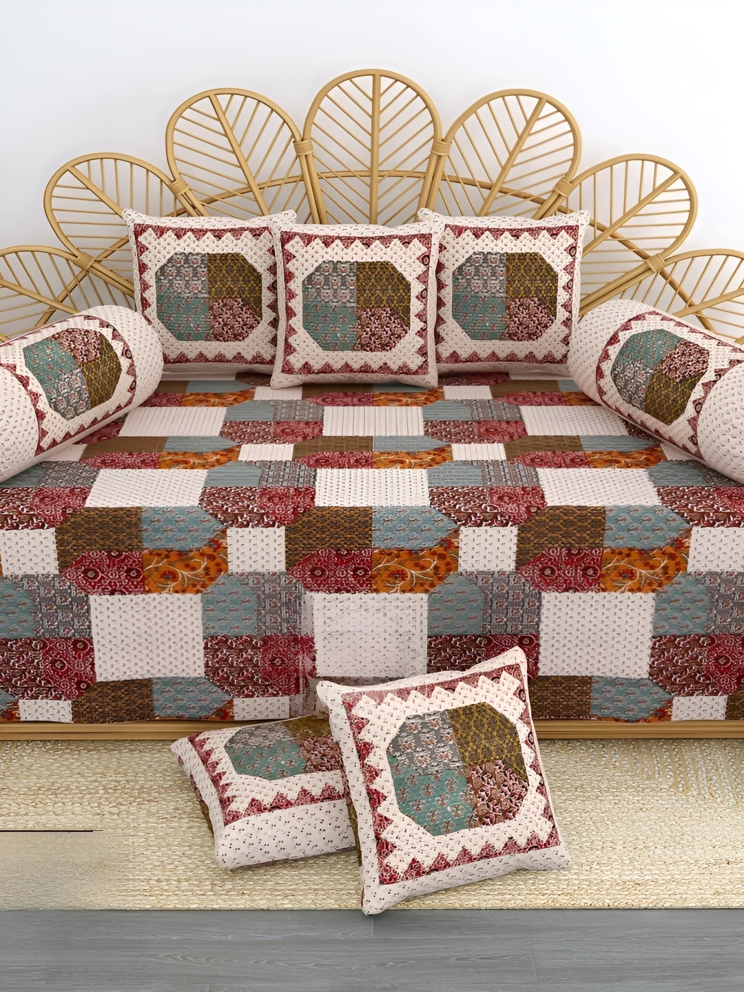 

LIVING ROOTS 8 Pieces Cream Coloured & Green Printed Pure Cotton Diwan Set, Red