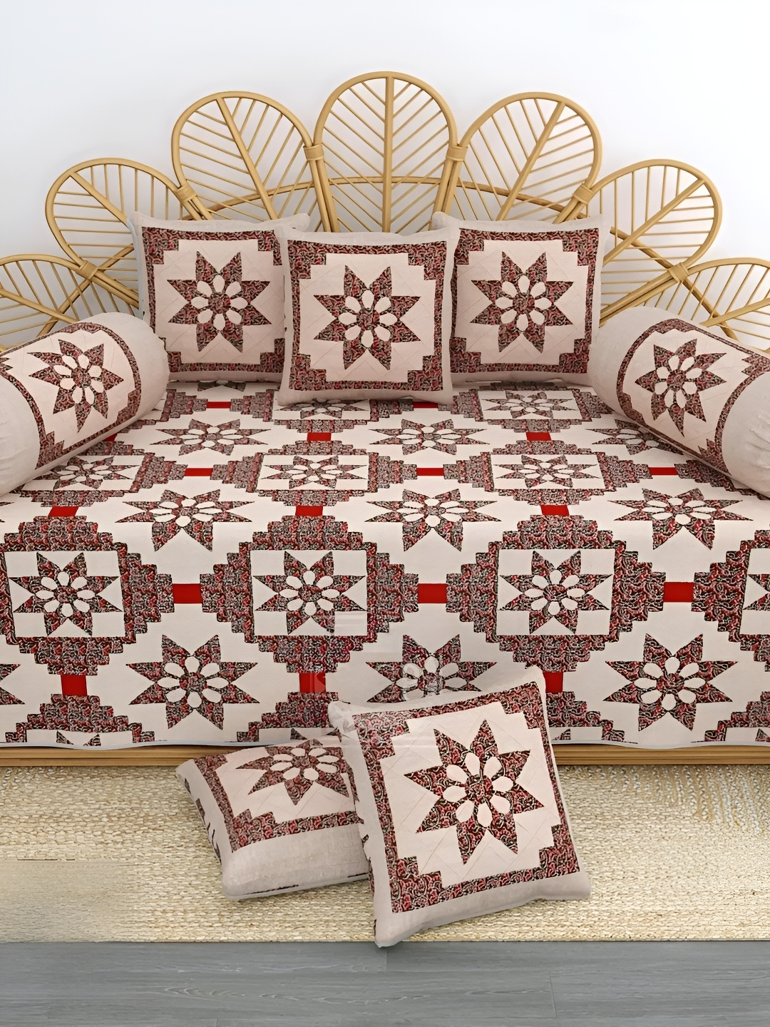 

LIVING ROOTS Beige & Brown 8 Pieces Printed Pure Cotton Diwan Set