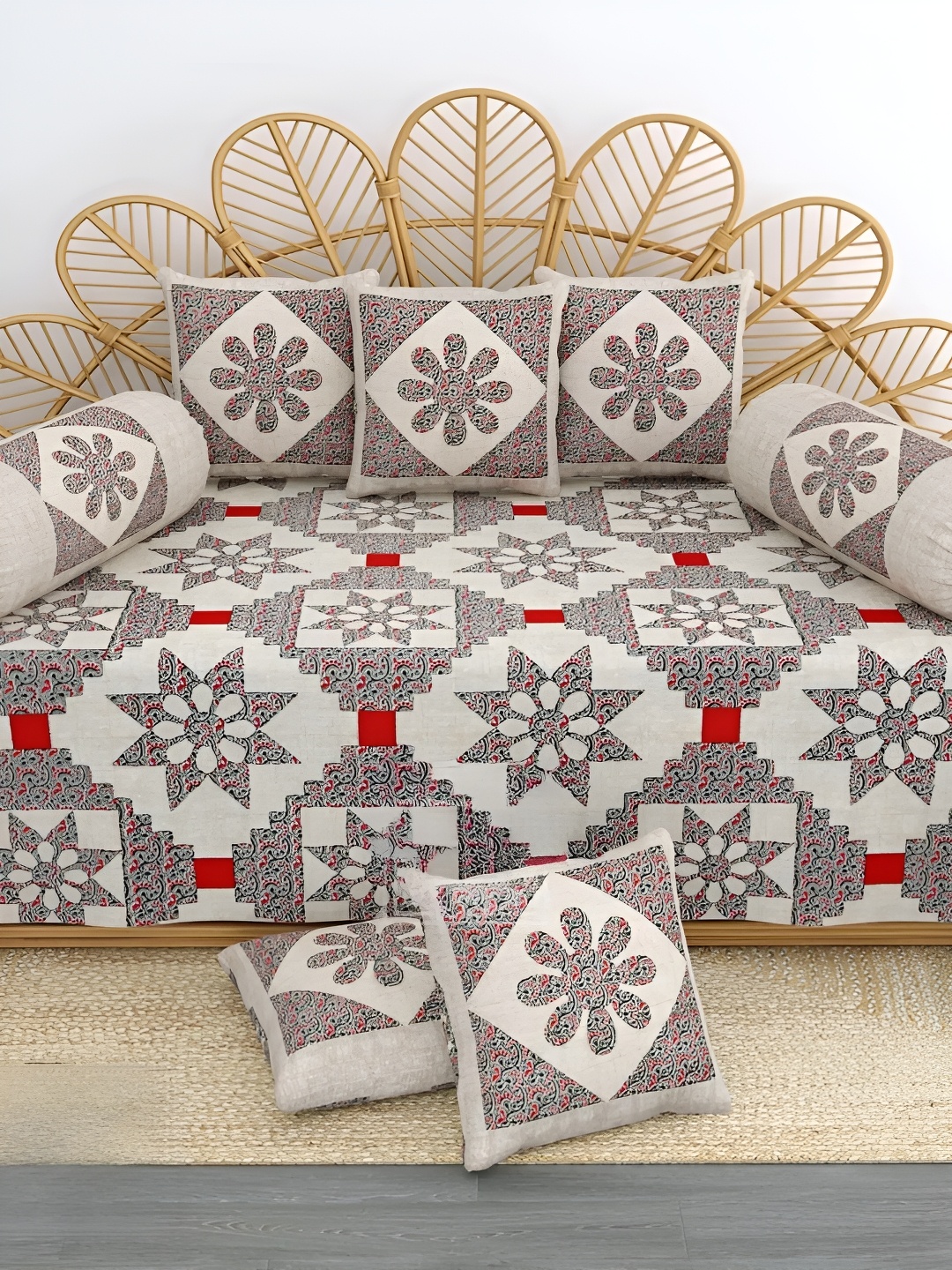 

LIVING ROOTS White & Grey 8 Pieces Printed Pure Cotton Diwan Set