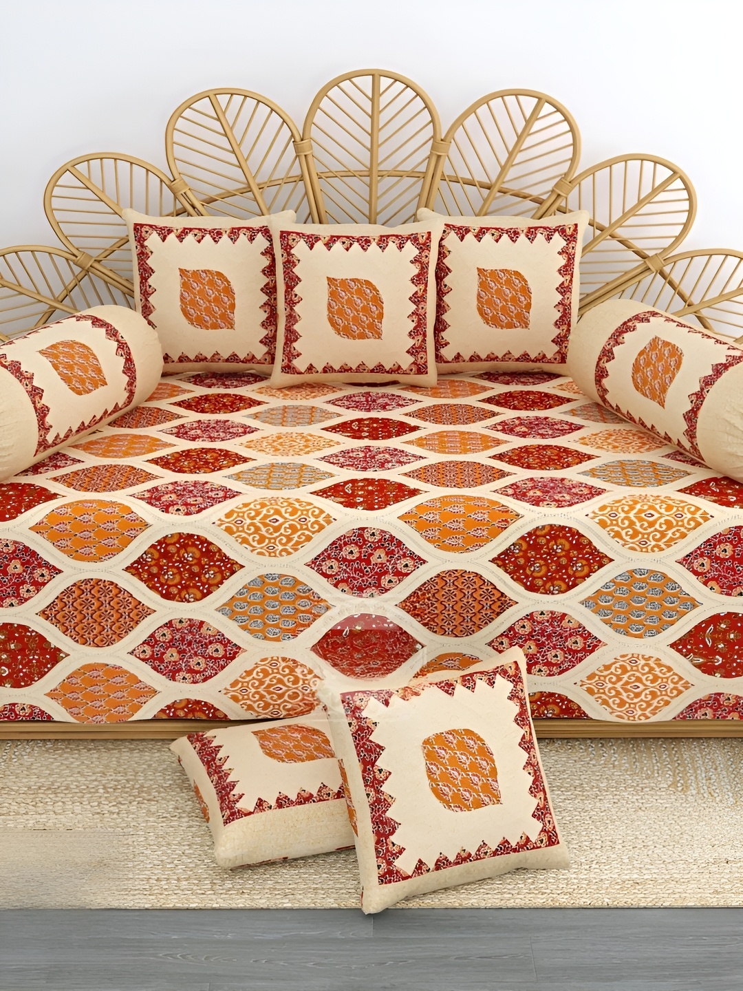 

LIVING ROOTS Beige & Red 6 Pieces Printed Pure Cotton Diwan Set