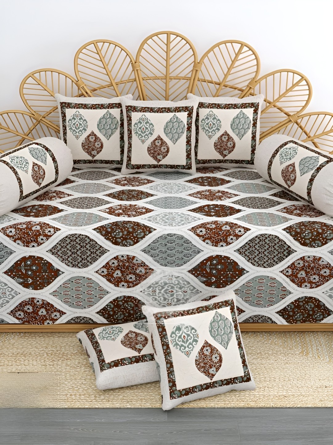 

LIVING ROOTS Grey & White 8 Pieces Printed Pure Cotton Diwan Set