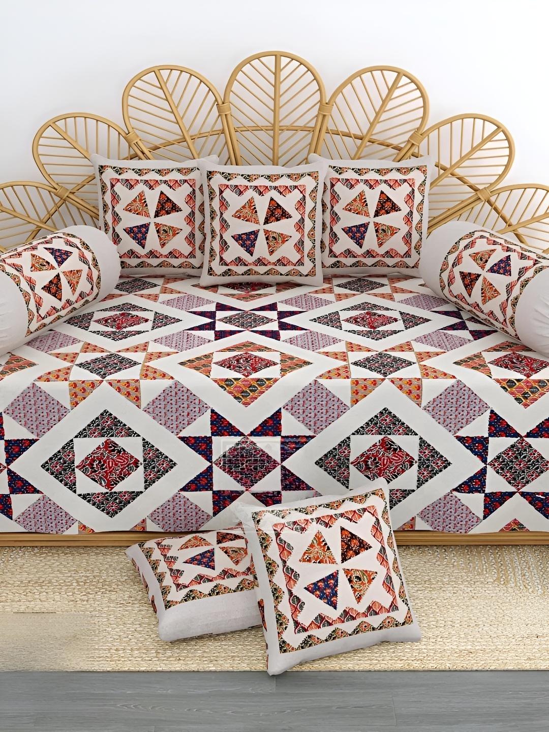 

LIVING ROOTS White 6 Pieces Printed Pure Cotton Diwan Set
