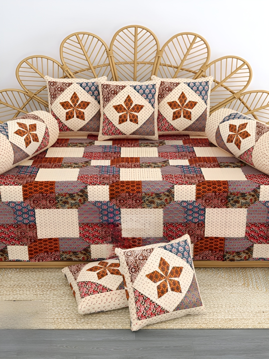 

LIVING ROOTS Beige & Red 8 Pieces Printed Pure Cotton Diwan Set