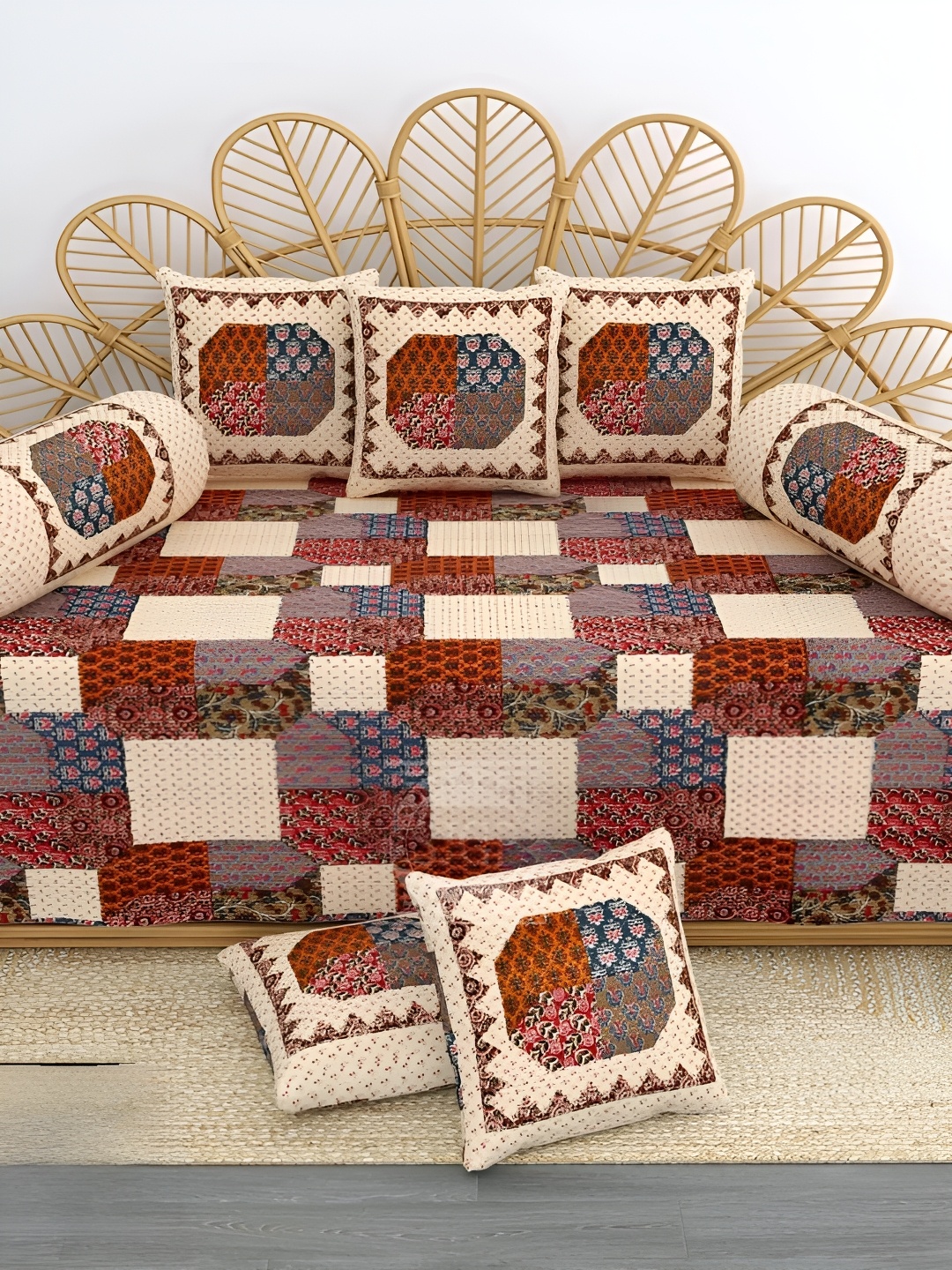 

LIVING ROOTS Beige & Red 8 Pieces Printed Pure Cotton Diwan Set