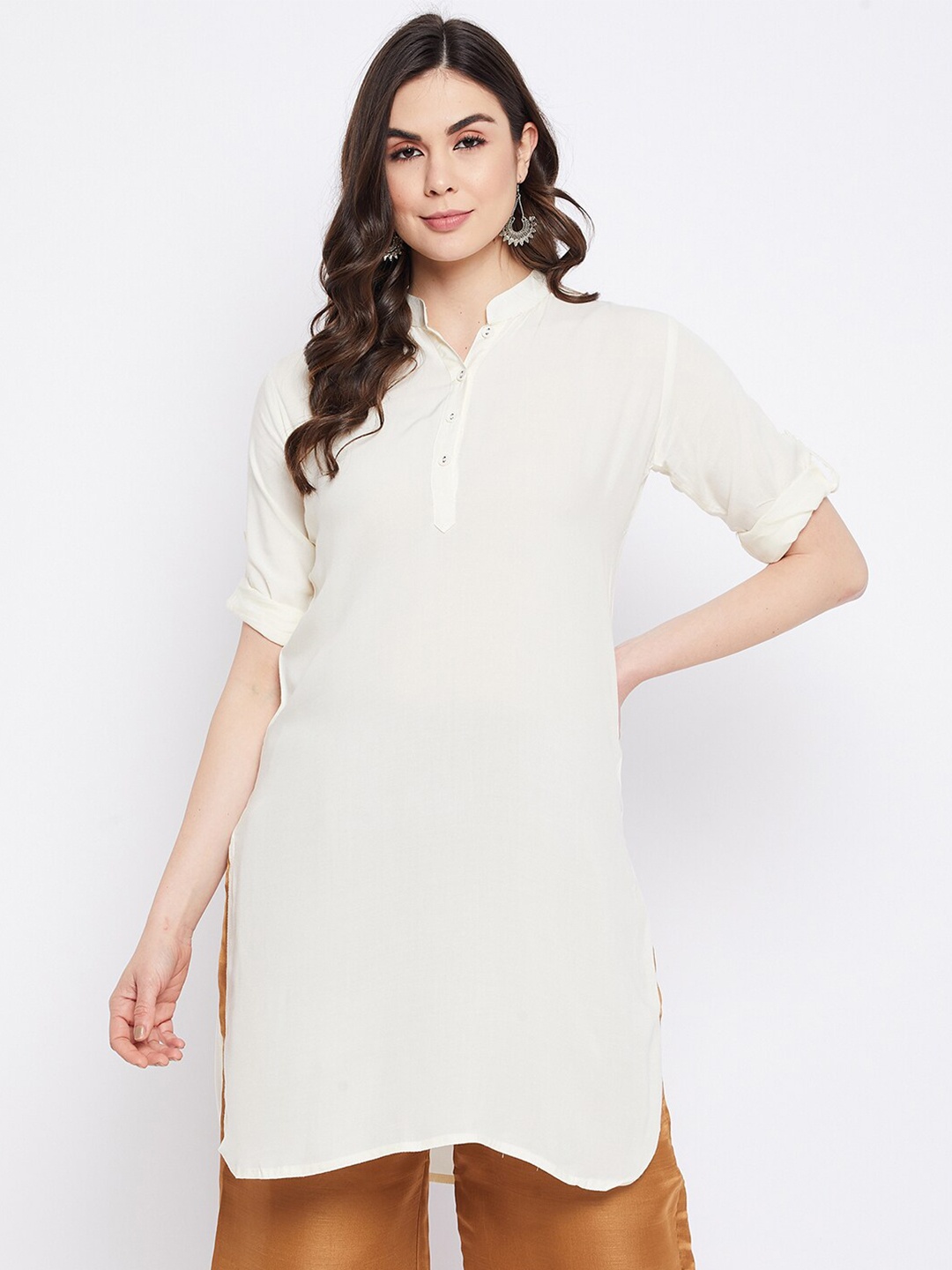 

THE PAJAMA FACTORY Mandarin Collar Roll Up Sleeves Straight Kurti, Cream