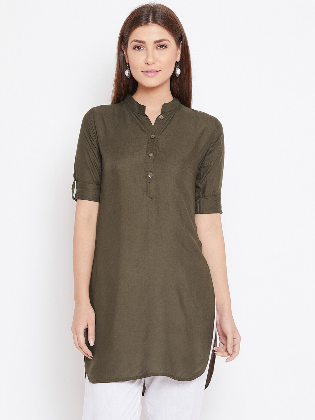 

THE PAJAMA FACTORY Mandarin Collar Roll Up Sleeves Straight Kurti, Green
