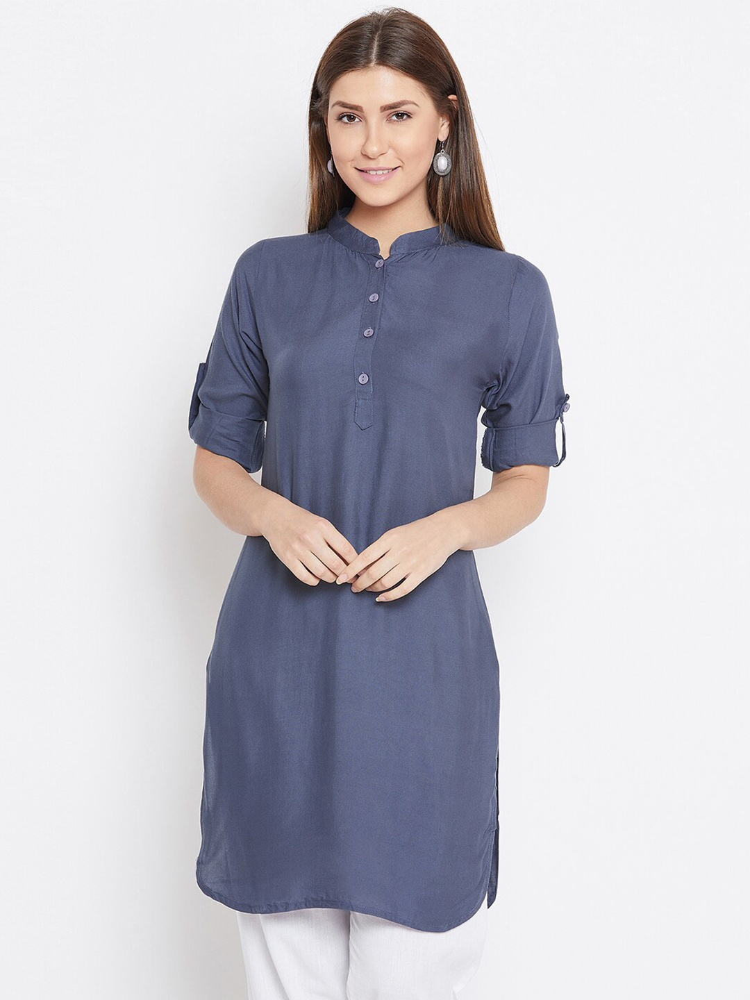 

THE PAJAMA FACTORY Mandarin Collar Roll Up Sleeves Straight Kurti, Grey