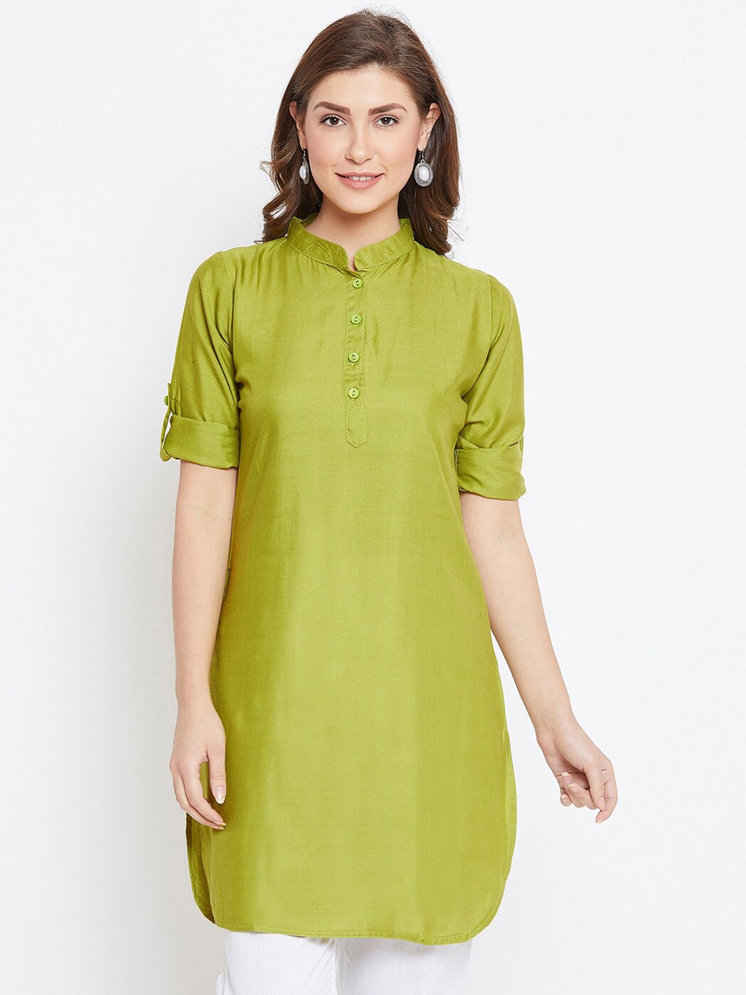 

THE PAJAMA FACTORY Mandarin Collar Roll Up Sleeves Straight Kurti, Olive
